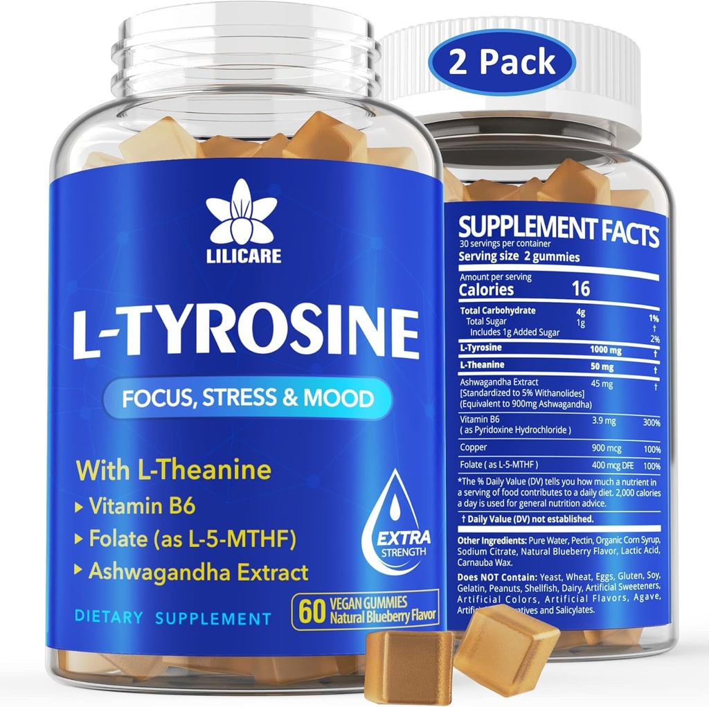 L Tyrosin Gummies 1100mg Mood Support Blend, with Ashwagandha, L-Theanine, Vitamin B Complex B6, Folát (Vitamin B9), Focus & Memory, Cognition & Brain Function, Energy Boost, Stress Support, 2Pc / 120ct