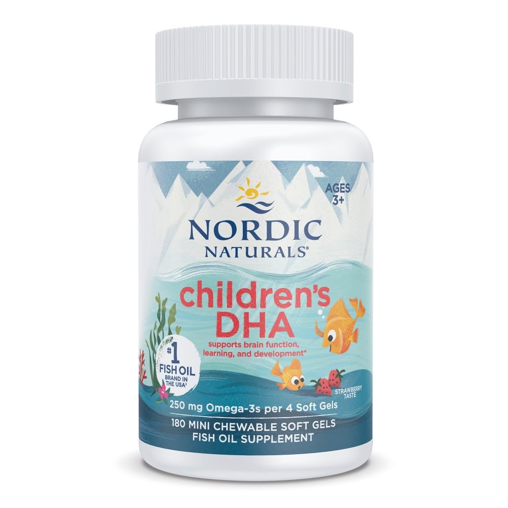Nordic Naturals Children 's DHA, Strawberry - 180 Mini Žvýkací měkké gely pro děti - 250 mg Omega33 s EPA & DHA - Vývoj mozku a funkce - Non- GMO - 45 Služeb
