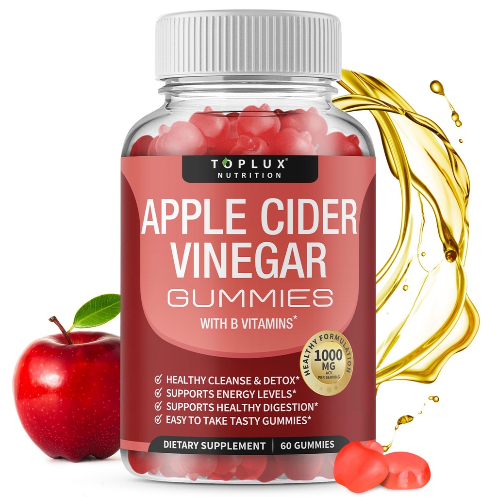 Topux Apple Cider Ocet Gummies - 1000mg ACV s B12, Beet Root, Granátová jablka pro imunitní systém, Detox & Cleanse, Gummy Alternativa k jablečné moštové kapsle, pro ženy, 60 Gummies