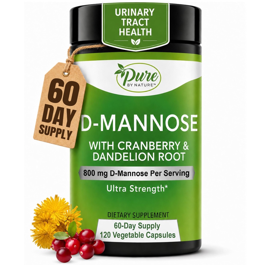 Pure By Nature D- Mannose with Cranberry and Dandelion Root, 120 Count