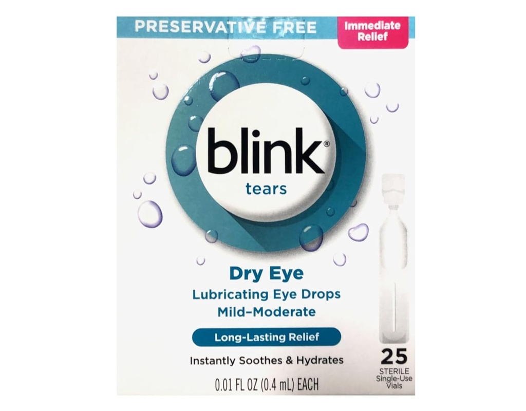 BLINK Slzy oční kapky pro suché oči, konzervativní Free Mazání oční kapky, sterilní jednoúčelové lahvičky, jemná péče o oči mírného mírného Suché Oční příznaky Relief, 25 Počet, 0,01 fl oz Vials