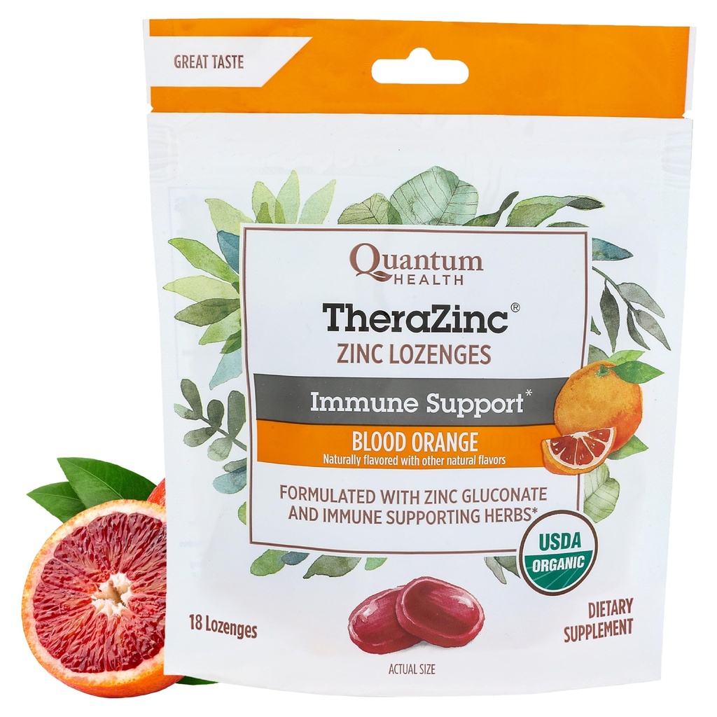 Quantum Health TheraZinek Organic Zinek Lozenges Echinacea & Med Imunitation Support for Dospělí a děti 12 + Přirozeně ochucená krev Oranžová Rychlá pomoc bez následků - 18 Počet