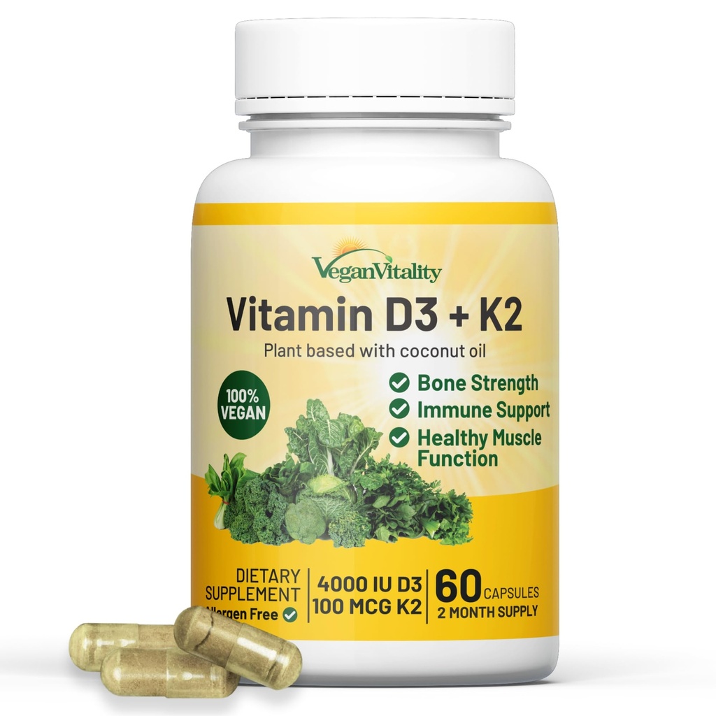 Vitalita Veganu Vitamin D3 K2 4000IU (100mcg) s kokosovým olejem, 100% Veganský vitamín D na rostlině pro vegany a vegetariány - 60 Kapsle
