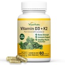 Vitalita Veganu Vitamin D3 K2 4000IU (100mcg) s kokosovým olejem, 100% Veganský vitamín D na rostlině pro vegany a vegetariány - 60 Kapsle