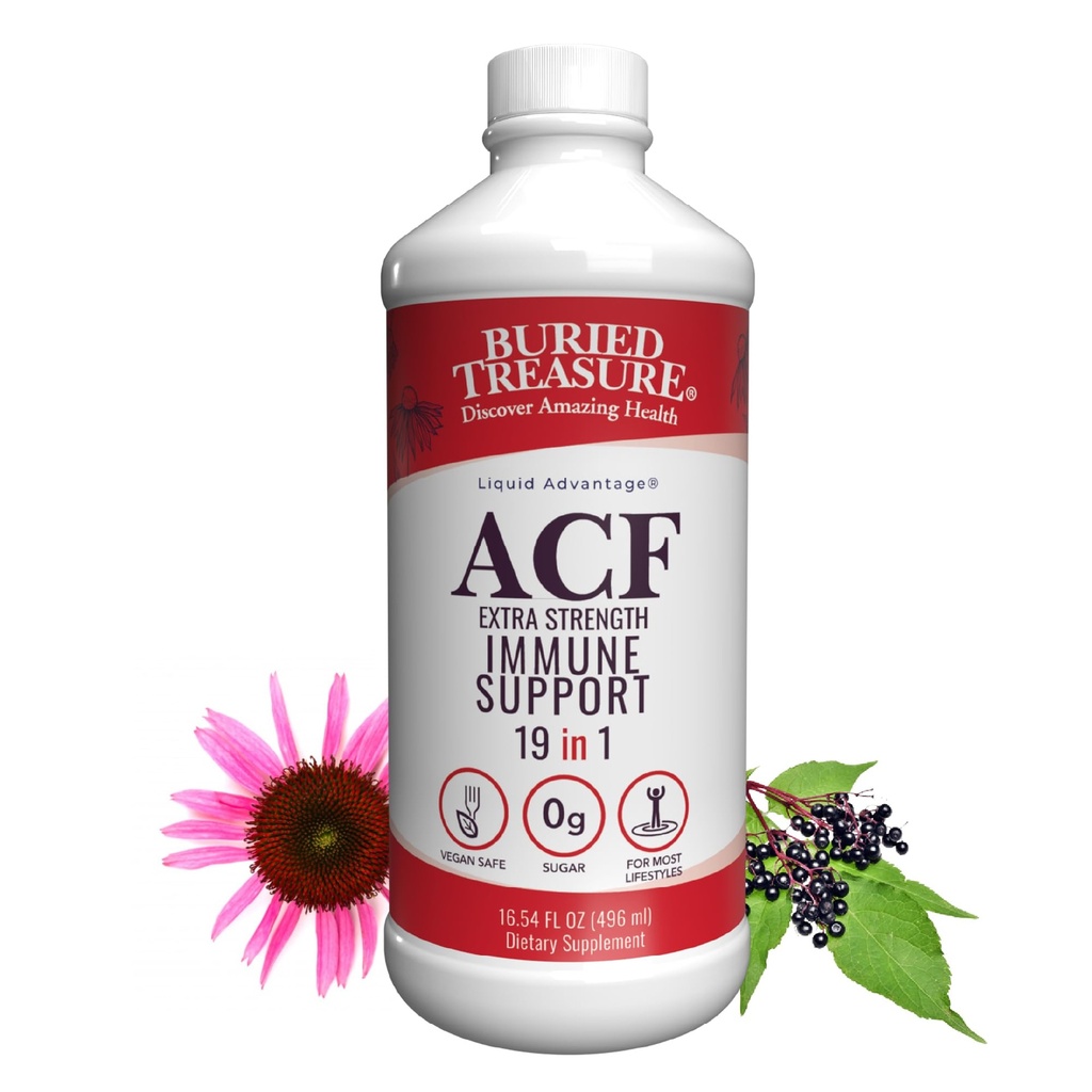 Poklad zakopaný ACF Extra Silní Imunitní Podpora - 16 oz, 16 Servings, Liquid dietární Imunity Boost w / Elderberry, Vitamin C & Zinek, Bylinné Formule