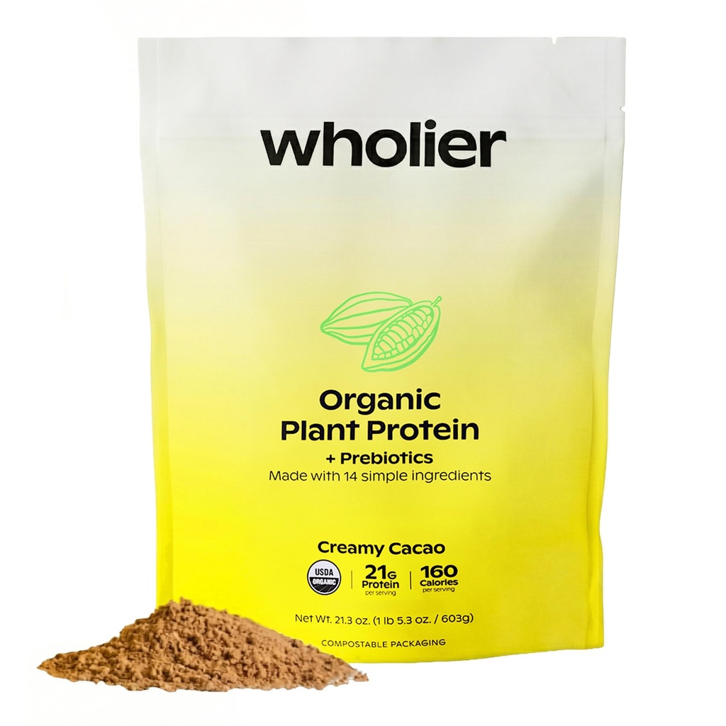 wholier Organic Plant Protein + Prebiotics. Clean Vegan Protein. 21g proteinu. 14 Real Plant Ingredients. Prebiotická vlákna. Žádné přírodní příchutě, žvýkačky nebo plnidla. Creamy Cacao (1 lb. 4 oz.)