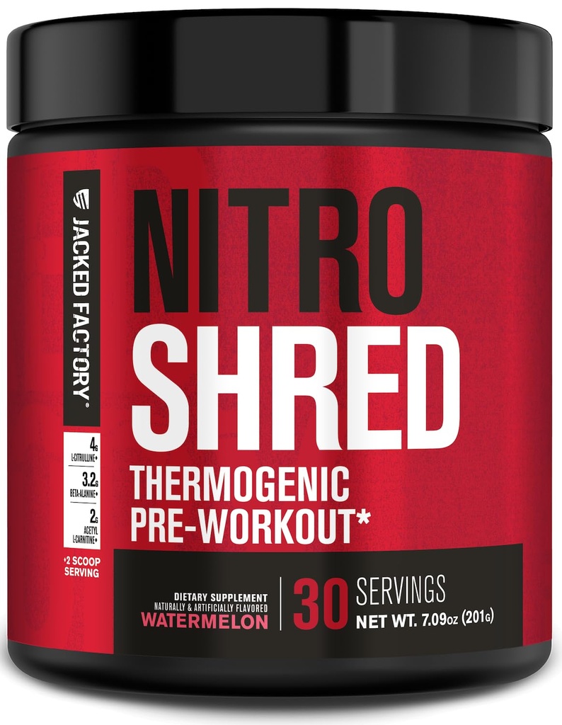 Jacked Factory NITROSURGE Shred Pre Workout Dodatek - Energy Booster, Instant Strength Gains, Sharp Focus, Výkonná čerpadla - Nitric Oxide Booster & PreWorkout Powder - 30Sv, Meloun