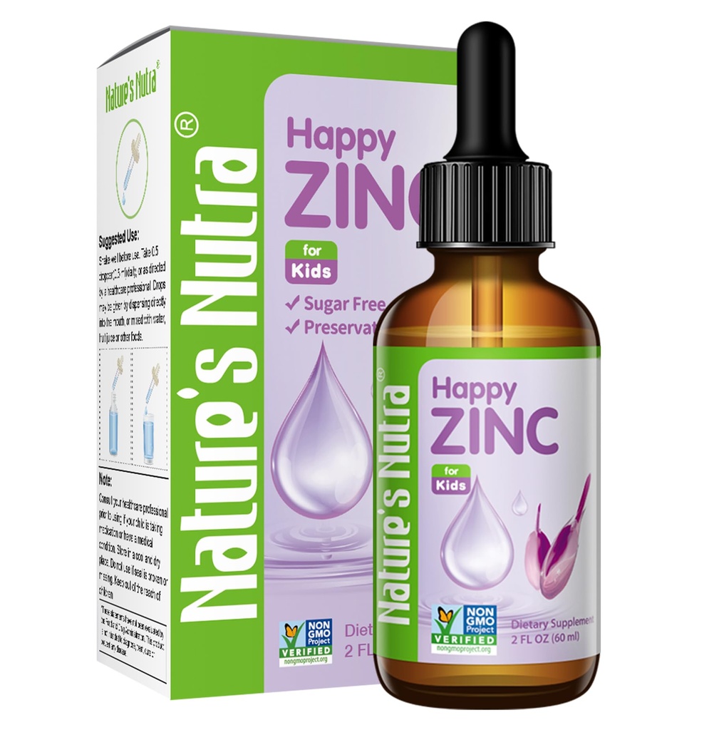 Nature 's Nutra Happy Zinek, Premium Liquid Zink pro dítě, kojence, děti a děti, TRAACS Chelate Zinek, vysoká biologická dostupnost, Non-GMO, Kosher, 2 Fl. Oz (60ml)