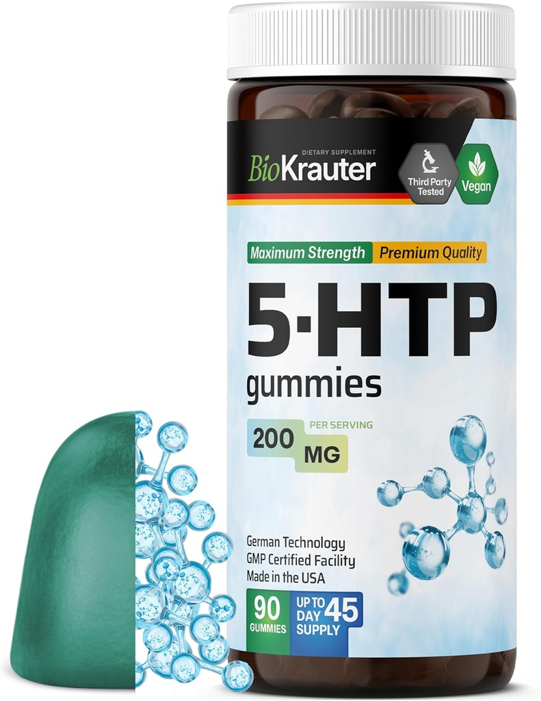 BIO KRAUTER 5 HTP doplněk Gummies - 200 mg síla - 90 Vegan Chews - Relaxační podpora 5HTP Plus L Triptofan dodatek - Pectin Based Formule