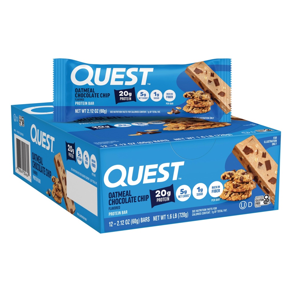 Quest Nutrition Oatmead Chocolate Chip Protein Bars, 20g Protein, 1g Cukr, 5g Net Carb, Gluten Free, Keto Friendly, 12 Počet