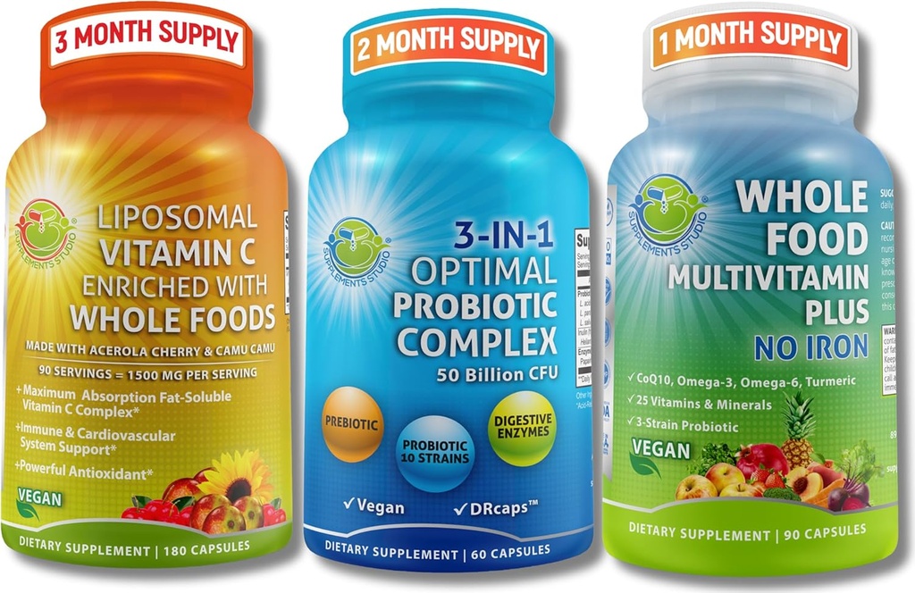 Gut Health, Imunity, Energy & Nutrient Support - 3- in-1 Probiotika s trávicími enzymy + Liposomální vitamin C 1500mg + Celé jídlo Multivitamin Bez železa - Vegan, Non- GMO, Čistá Wellness podpora