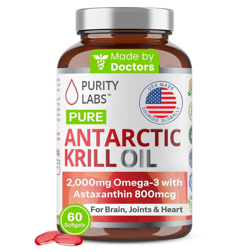 Čistota Labs Antarktický krilový olej 2000mg Omega33 s Astaxanthin 800mcg Doplňky na podporu památky- Bohaté v Omega 3, mastné kyseliny, DHA, EPA & fosfolipidy - 60 Softgels