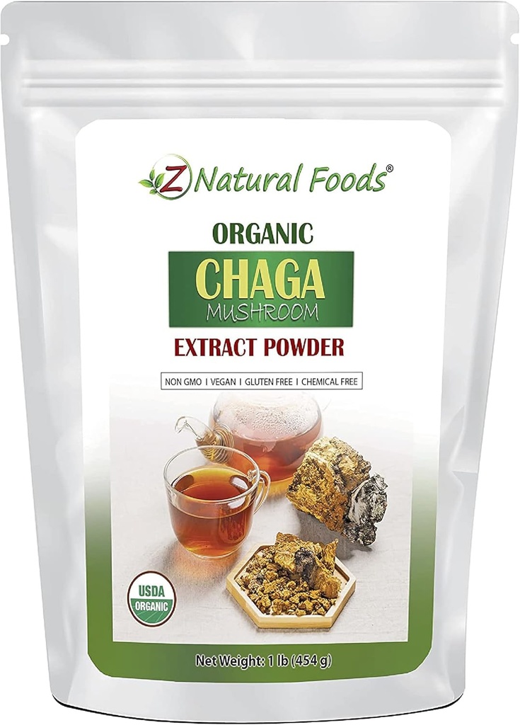 Z Natural Foods Organic Chaga Houba Extract Powder, Koncentrované Premium Houba Extract pro podporu imunitního zdraví, Energize své ráno tím, že přidá do kávy a čaje, 1 LB