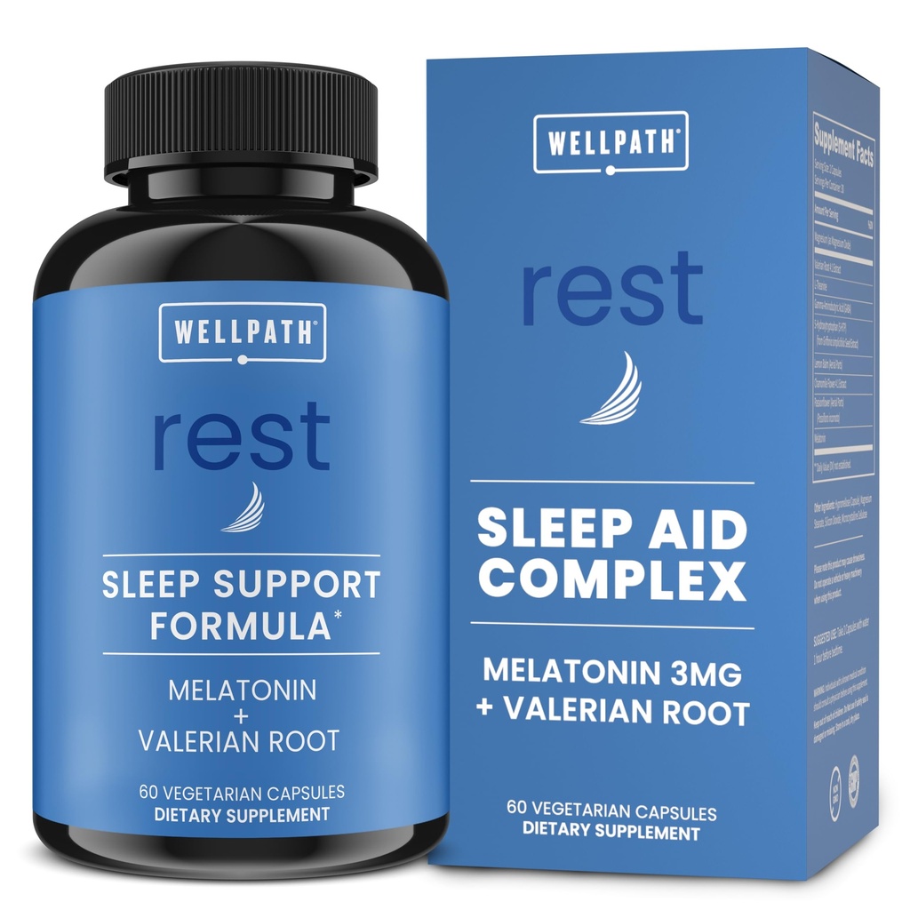 WellPath Rest Valerian Root Sleep Aid pro dospělé s melatonin & L- Theanine 124; Přírodní a bylinné uspávací pilulky s extra sílu 124; Dub 124; 5-HTP, Lemon Balm, Heřmánek, 60 Ct