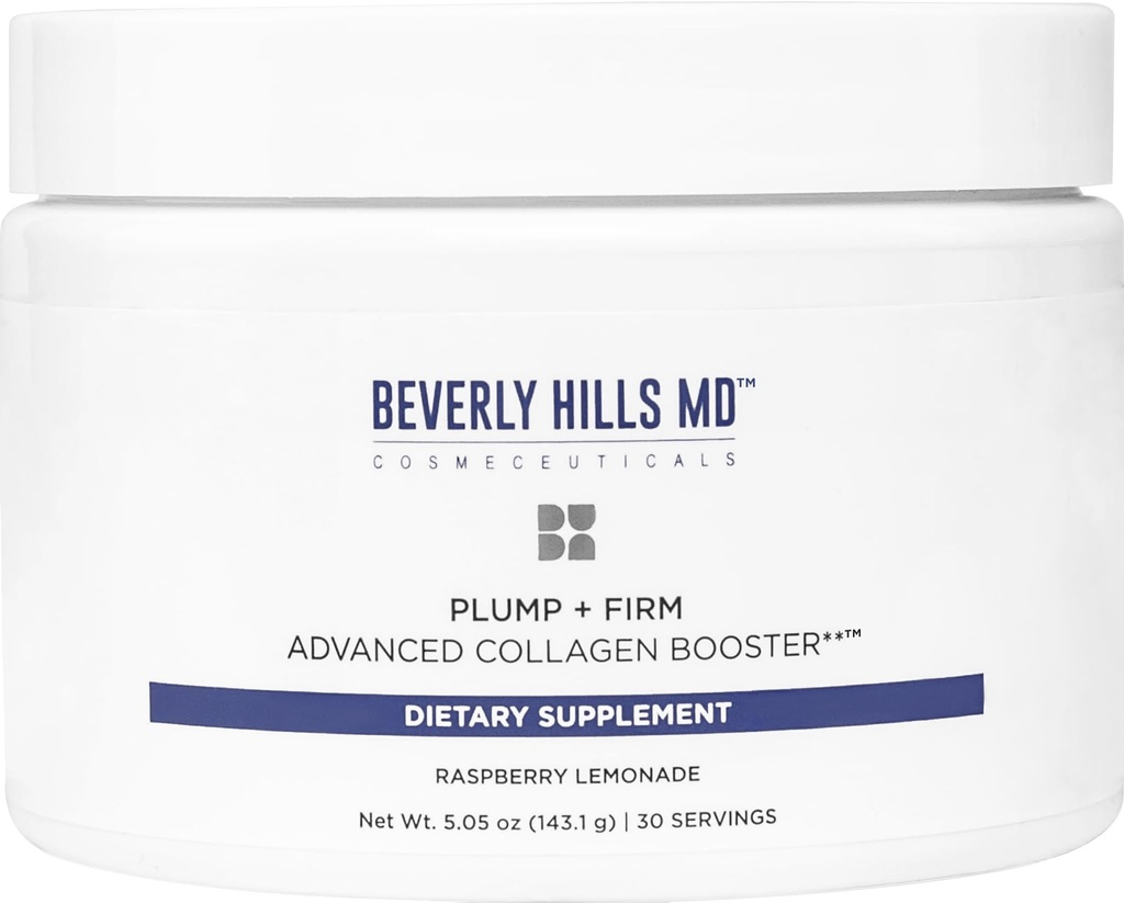 Beverly Hills MD Plump + Firm Advanced Collagen Booster pro stárnutí Skin-Nutrient Powder Drink Mix Formule pro Plumper, Firmer, Skin w / Collagen Peptides, Polyfenoly, Ceramidy (Raspberry Lemonade)