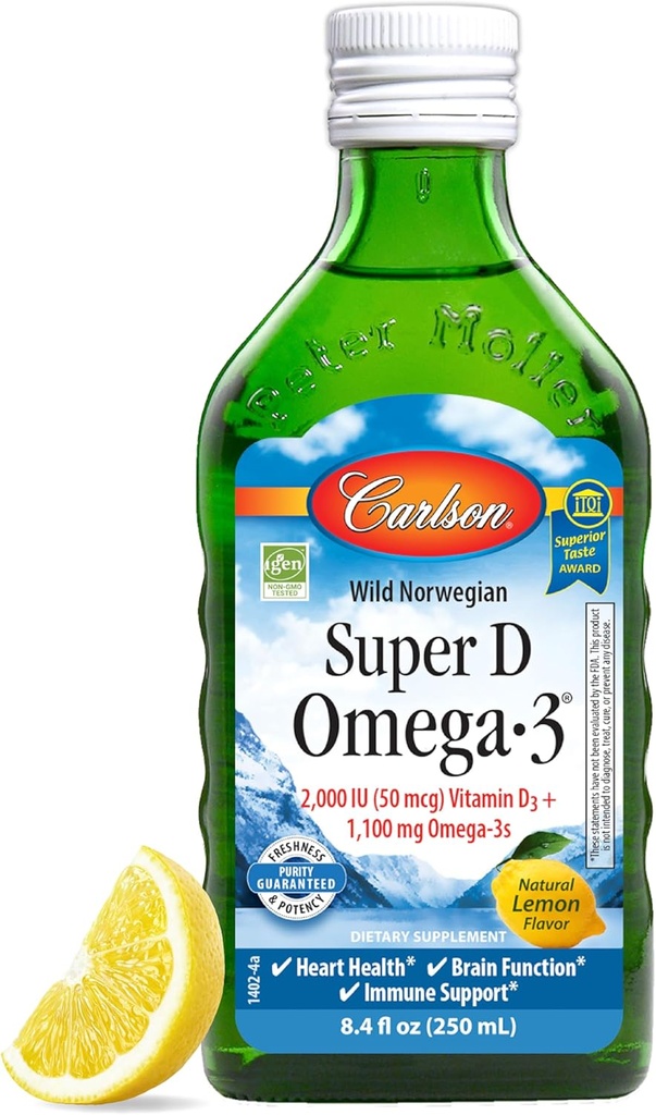 Carlson - Super D Omega33, Wild- Casted Norsky Arctic Cod Jaterní Oil, 2000 IU (50 mcg) Vitamin D3, 1100 mg Omega-3s, Udržitelně sourced Nordic Fish Oil Liquid, Lemon, 250 ml