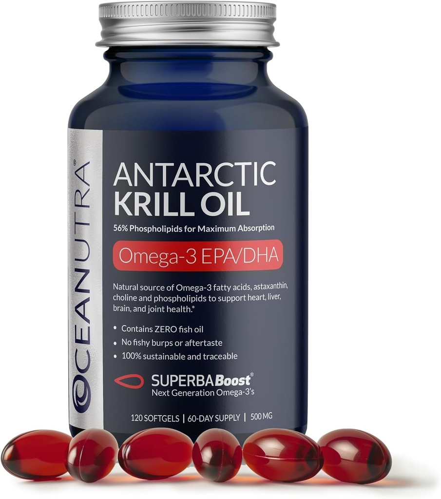 Wild Chycený antarktický krilový olej 500mg Softgels, SuperbaBoost Omega 3 dodatek, EPA & DHA, Astaxanthin, Cholin, 56% fosfolipidy, Udržitelný, No Fish Oil, Vanilla Flavor (60- Day Supply)