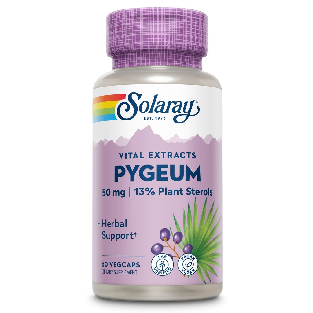 SOLARAY Pygeum Bark Extract 50mg - Pygeum Supplement for Prostate Health Support - Garantované k zachycení 6,5mg rostlinných sterolů, jako je Beta Sitosterol, Non- GMO, Vegan, 60- Day Garance, 60 Serv, 60 VegCaps