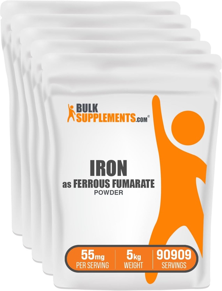 BulkSupplements.com Ferrous Fumarate Powder - Essential Mineral, Železný doplněk pro muže a ženy - Gluten zdarma, 55mg na servírování, 1kg (2,2 kg) (balení 5)