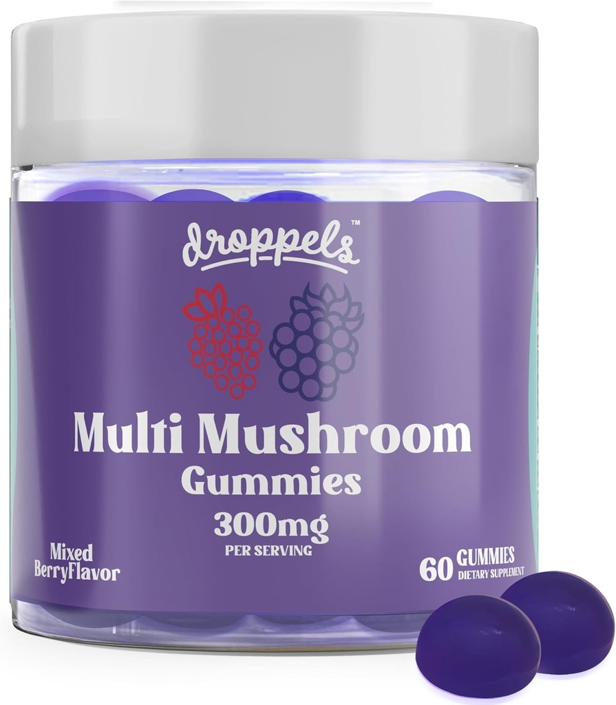 Droppels Multi- Houbová gumička 124; Vegan, Pectin- Based & Non- GMO 124; Maitake, Shiitake, Turkey Tail, Chaga, Reishi & Lion 's Mane Dodatek 124; Smíšené Berries Flavor, 60 Počet