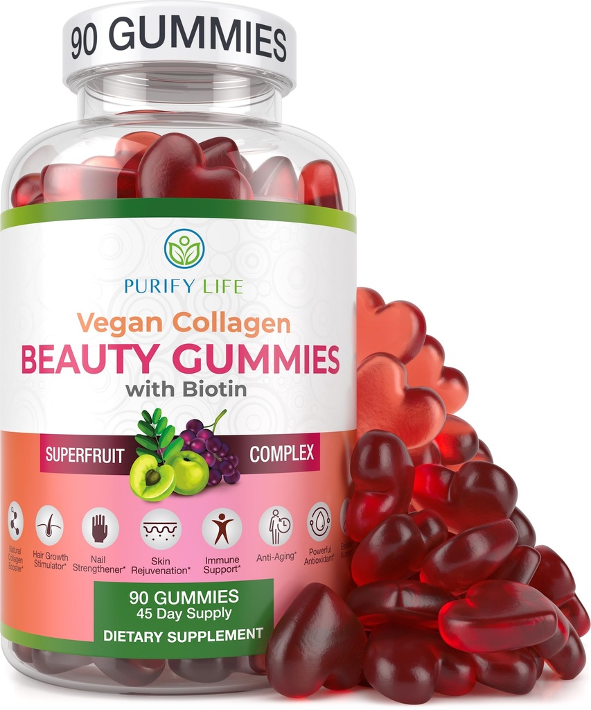 Očistěte život Vegan Kolagenové gumy s Biotin Vitamíny pro vlasy kůže a nehtů Zdraví, (90 Žvýkačky) Kolagen Podpora Supergruit Komplex s Resveratrol, Vitamin A, E, C - Náhradní kapsle, pilulky