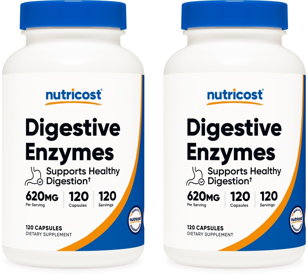 Nutricost Digestivní Enzymy 620mg, 120 Veggie Kapsle (2 Lahve) - Kompletní doplněk k trávicímu enzymu