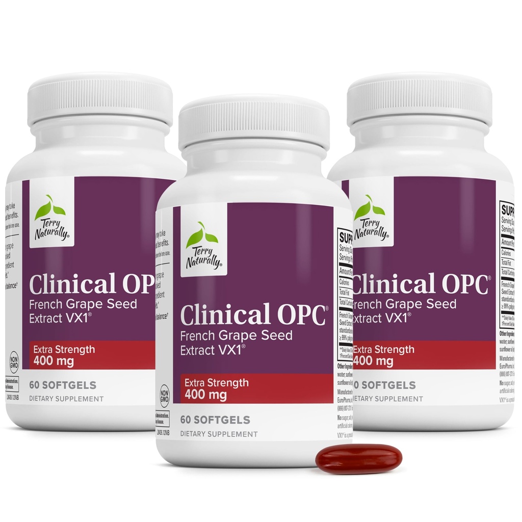 Terry Přirozeně klinická OPC Extra Strength - Kardiovaskulární podpora zdraví a soustředění - dodatek s výtažkem ze zrn - Doplněk pro imunitní podporu - 60 Softgels (balení po 3)