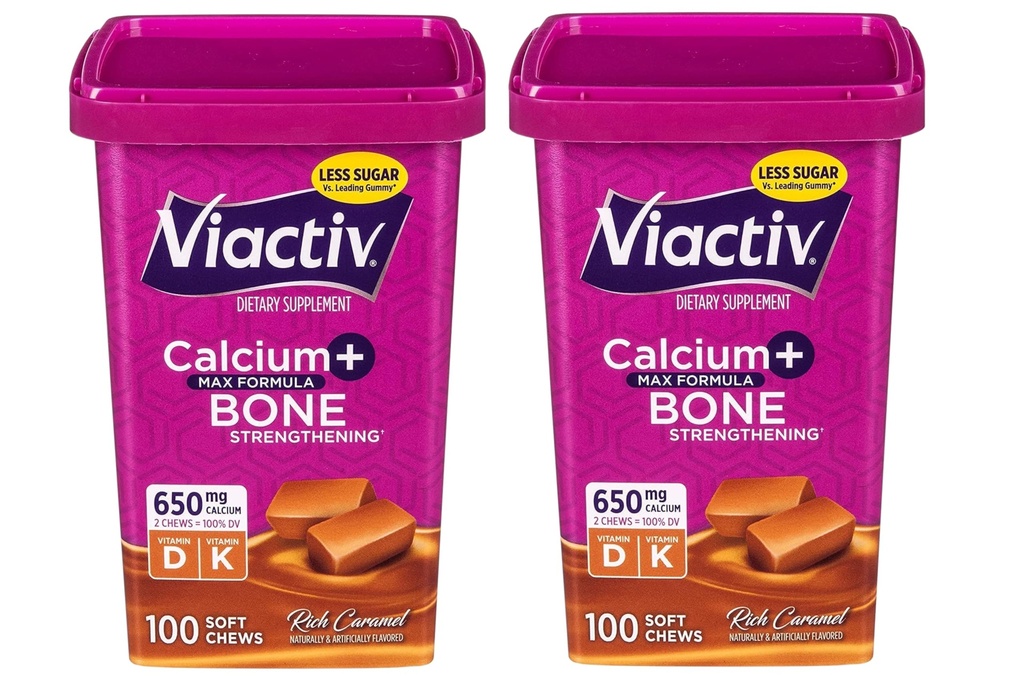 Viactiv Max Formule vápník + vitamín D3 dodatek pro zdraví kostí, bohatý karamel, 100 měkkých žvýkaček - 2 balení