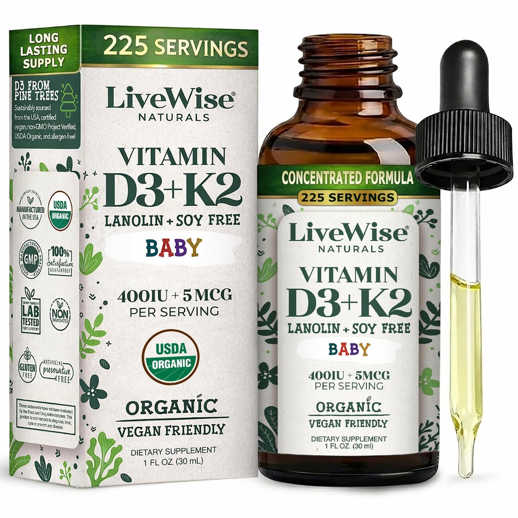 LiveWise Naturals Baby Vitamin D3-K2 Tekutý dodatek, Vitamin Kapky pro kojence a Toddlers, pro zdravý růst, vývoj a denní Wellness, Easy- to- Use Dropper in Glass Bottle, 1 Fl Oz