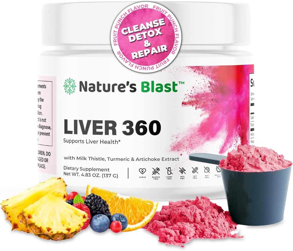 Játra 360 - Játra čisticí detox a oprava prášek s mléčným bodlákem, kurkuma & Artyčok Extract Ovocný punč Flavor - 30 Podání