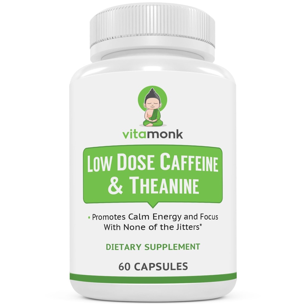 VitaMonk Nízké dávky kofeinu a theaninu - No Jitters, No Crash - Mikrodávka kofeinu L Theanine pilulky s kofeinem Theanine a Theobromine - 25 mg kofeinu, kofein pilulky L Theanine - 60 Caps