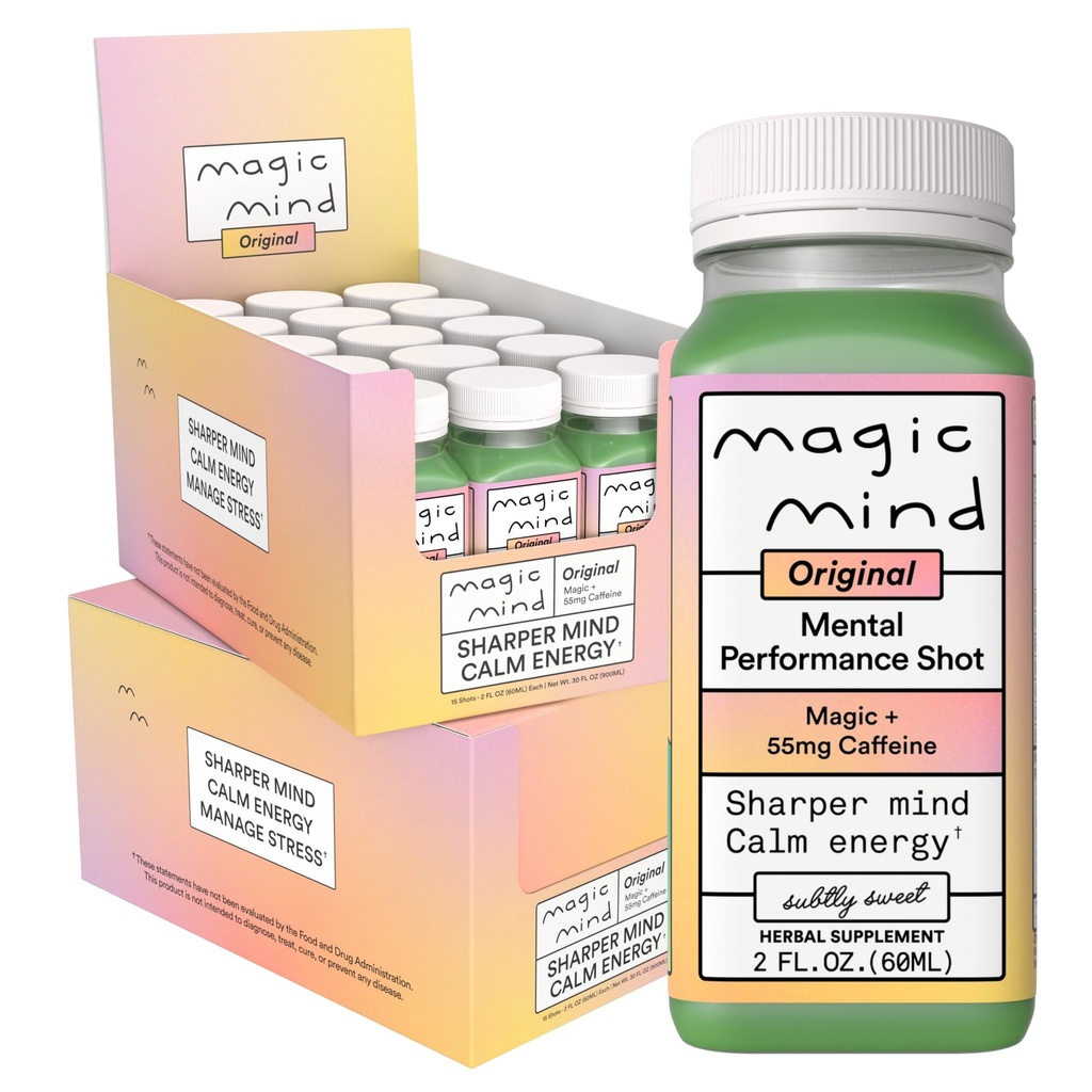 Magic Mind Focus Energy Drink Shots - No Jitters, Stress Relieving, Ashwagandha, Funkční houby, Matcha Green Tea, Vitamin B12, Vitamin C - 2 FL Oz (30 Pack)