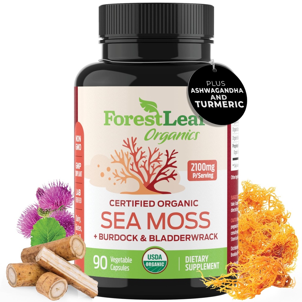 ForestLeaf Organic Irish Sea Moss Kapsle 124; 2100mg Raw Seamoss Pills Pokročilý dodatek Superfood + Burdock, Bladderwrack pro stravovací, Respirační, imunitní zdraví 124; 90 Vegan Organic Sea Moss Caps