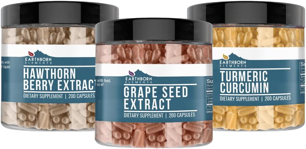 Pozemšťanské prvky Grape Seed, Hawthorn Berry, & Kurkumin Kapsle Bundle (200 Kapsle každý), Čisté a neředěné, Žádné přísady