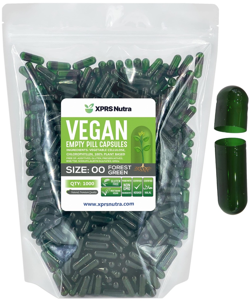 XPRS Nutra Velikost 00 Prázdné kapsle - 1000 hrabě Prázdné Veganské kapsle - Vegetariánské Prázdné pilulky - DIY Zeleninové kapsle Fill- Veggie Pill Caps (Lesní zelená)