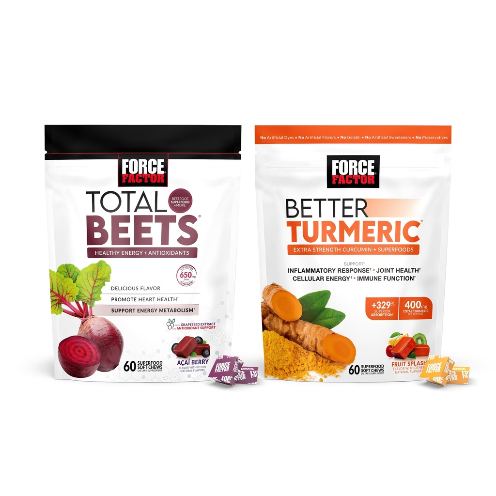 Force Factor Total Beets Soft Chews, 60 Chews & Better Turmeric Joint Supplement, 60 Soft Chews