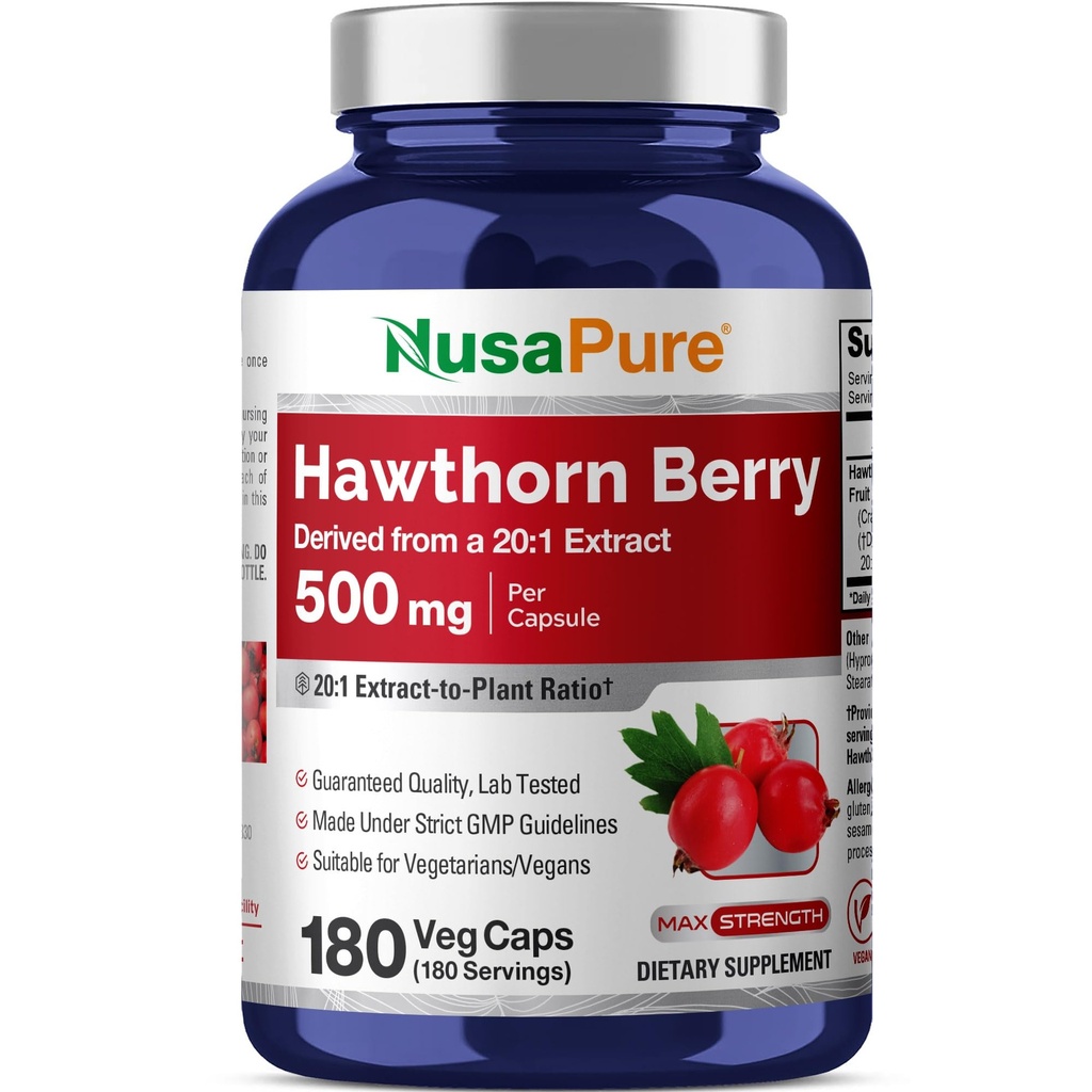 NusaPure Hawthorn Berry 20: 1 Extrakt, 500 mg Ekvivalentní s 10 000 mg VEG Caps, Vhodné pro vegetariány, Vegan, Non- GMO doplněk stravy