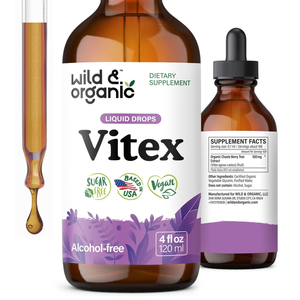 Wild & Organic Vitex tinktura - Vitex Chasteberry dodatek pro ženy - Liquid Chaste Tree Berry Extract for Good Mood - Vegan, Sugar & Alcohol- Free Herb Drops - 4 fl oz