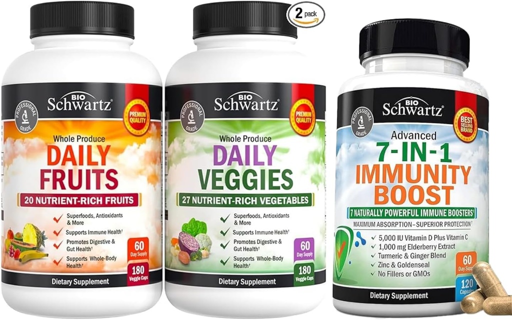 BioSchwartz Denní ovoce a zelenina dodatek pro ženy a muže (2 Měsíční dodávky) Plus 7 v 1 Imunitní podpora dodatek s antioxidanty (2 Měsíční dodávky)