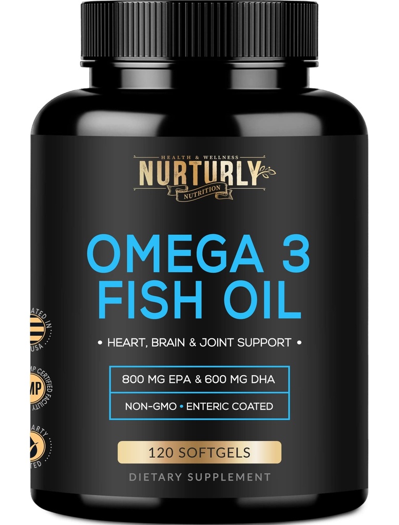 Omega 3 Fish Oil 2000mg, 800mg EPA a 600mg DHA - Enteric Coated and Burless - Supports Brain, and Heart - Burless, Non-GMO, 3. strana Lab Tested and NSF Certified - 120 Softgels