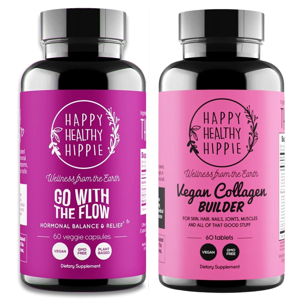 Happy Health Hippie Vegan Collagen Builder w / Hyaluronic acid & Go with The Flow Hormon Balance for Women
