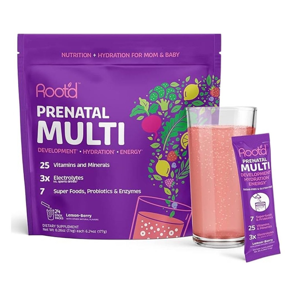 Root 'd Prenatal Multivitamin Powder with 3X Electrolytes - 25 Vitamíny & Minerály, Folát, Železo, Vitamin D3, 7 Superfoods & Probiotika, Sugar- Free Vitamíny & Hydratace Balení Vitamin Drink Mix