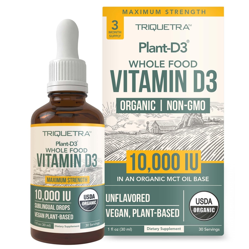 Organic Vitamin D3 10 000 IU - Plant D3, Vegan, Max Strength Sublingual Liquid D3 Drops - 200% Vyšší absorpce, 100% Plant- based Cholekalciferol Form & Vegan D3, Nastavitelné dávkování (30 Služeb)