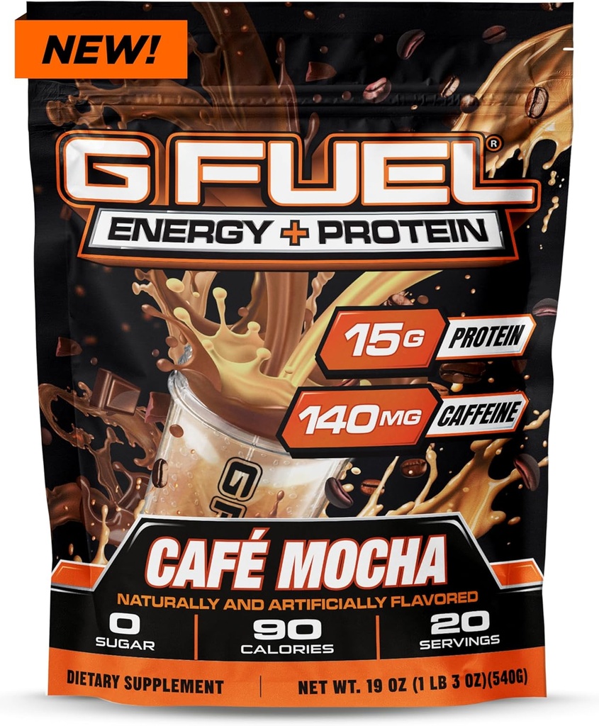 G Fuel Protein + Energy Drink Powder, Pre Workout Caffeine Mix for Gaming, Cukr Free Focus Amino, Vitamin + Antioxidanty, 19oz (Cafe Mocha, 20 Servings)
