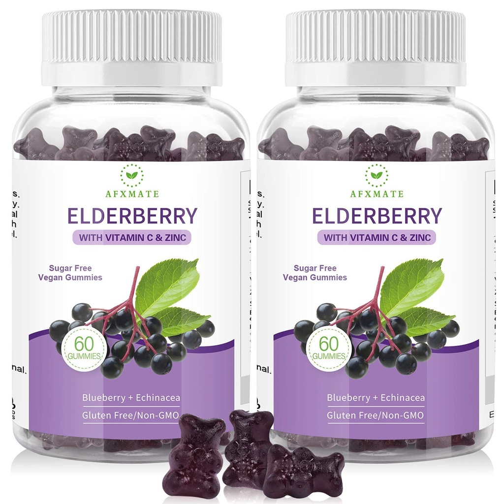 AFXMATE Sambucus Black Elderberry gumové se zinkem a vitamínem C pro dospělé Děti Imunitní podpora, Cukr zdarma 120 Počítání