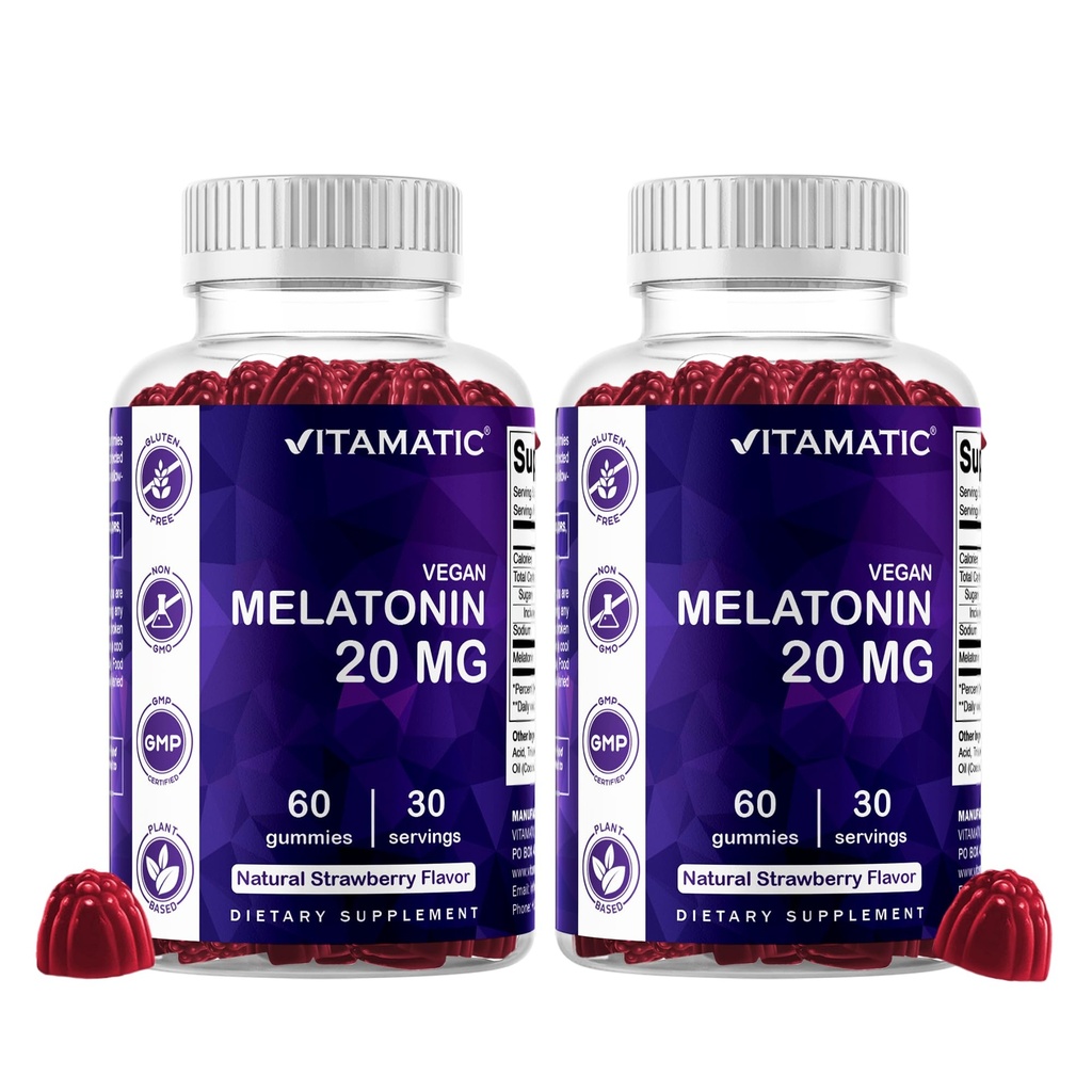 Vitamatic Melatonin 20mg Gummies pro dospělé, 30 Servingů - 60 Počet - Non-Habit Forming dodatek (Balení po 2)