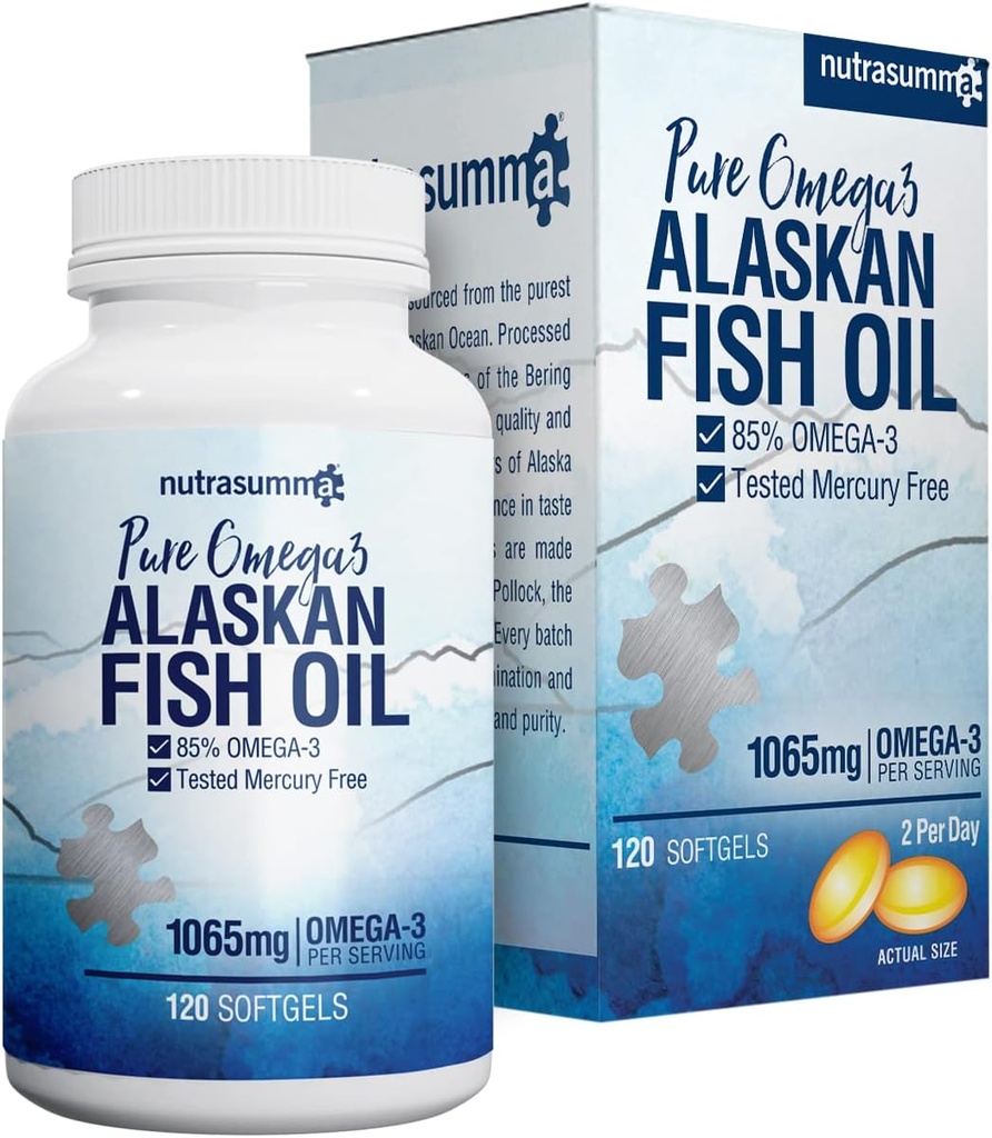 Nutrasumma High Purified Omega 3 dodatek Wild Aljašský Fish Oil Burless & No Fishy Taste, 650mg EPA & 270mg DHA 1250mg Fish Oil softgels, Gluten Free, srdce, Brain & Imunitation Support, 60 Servings