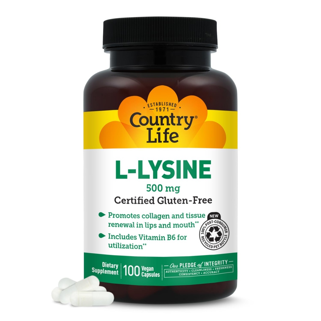 Country Life L- Lysin 500mg s B-6, podporuje imunitní zdraví, podporuje obnovení kolagenu v rtech a ústech, 100 Vegan Kapsle, Certified gluten zdarma, Certified Vegan
