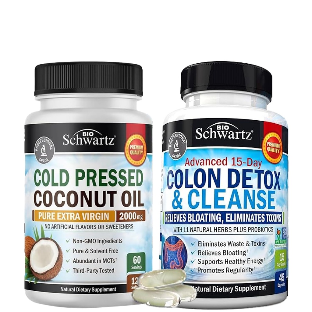 BioSchwartz 15 Day Cleanse pro Colon a Gut Health Plus Coconut Oil Capsules (2 měsíční dodávka)