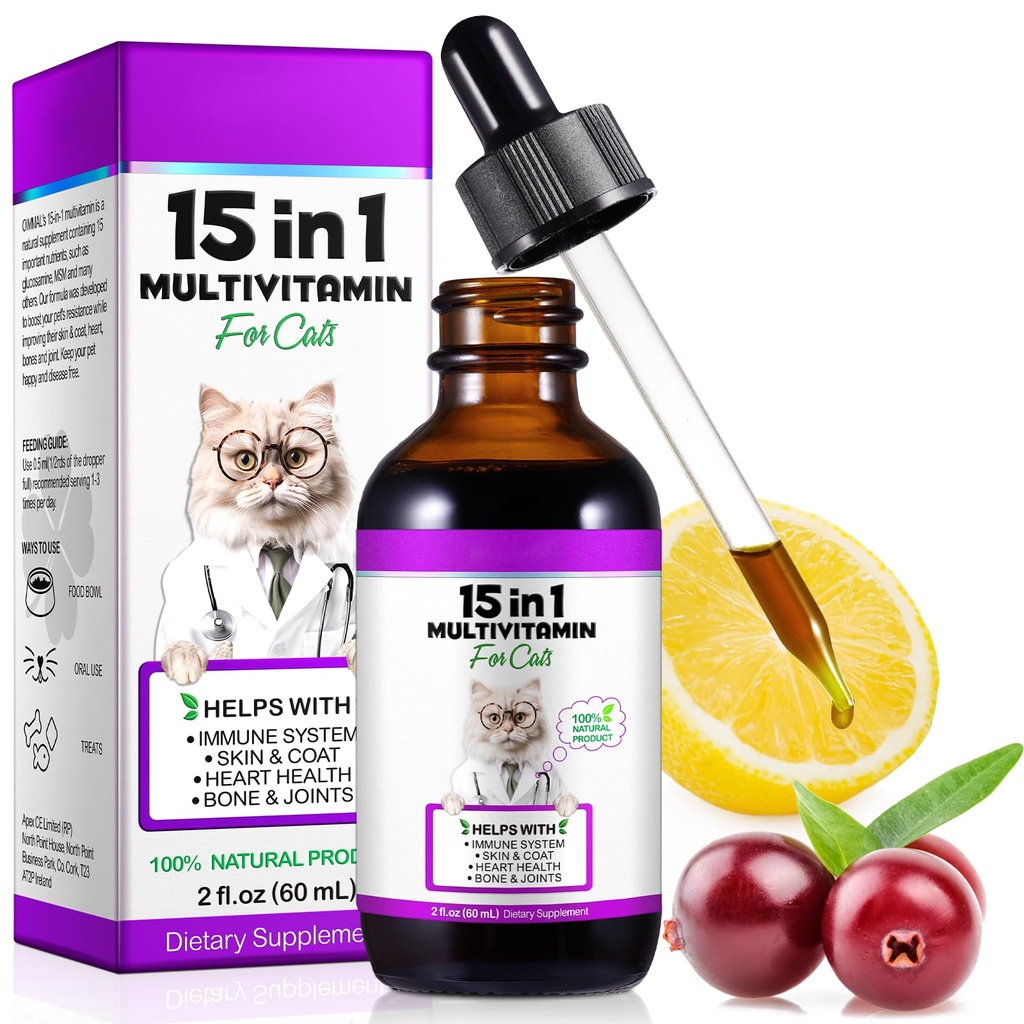 Kočka Multivitamin, 15 v 1 Kočičí vitaminy tekuté kapky doplňky pro srdeční zdraví, kosti, klouby, kůže & coat, močová měchýř, imunitní systém Podpora 60ml
